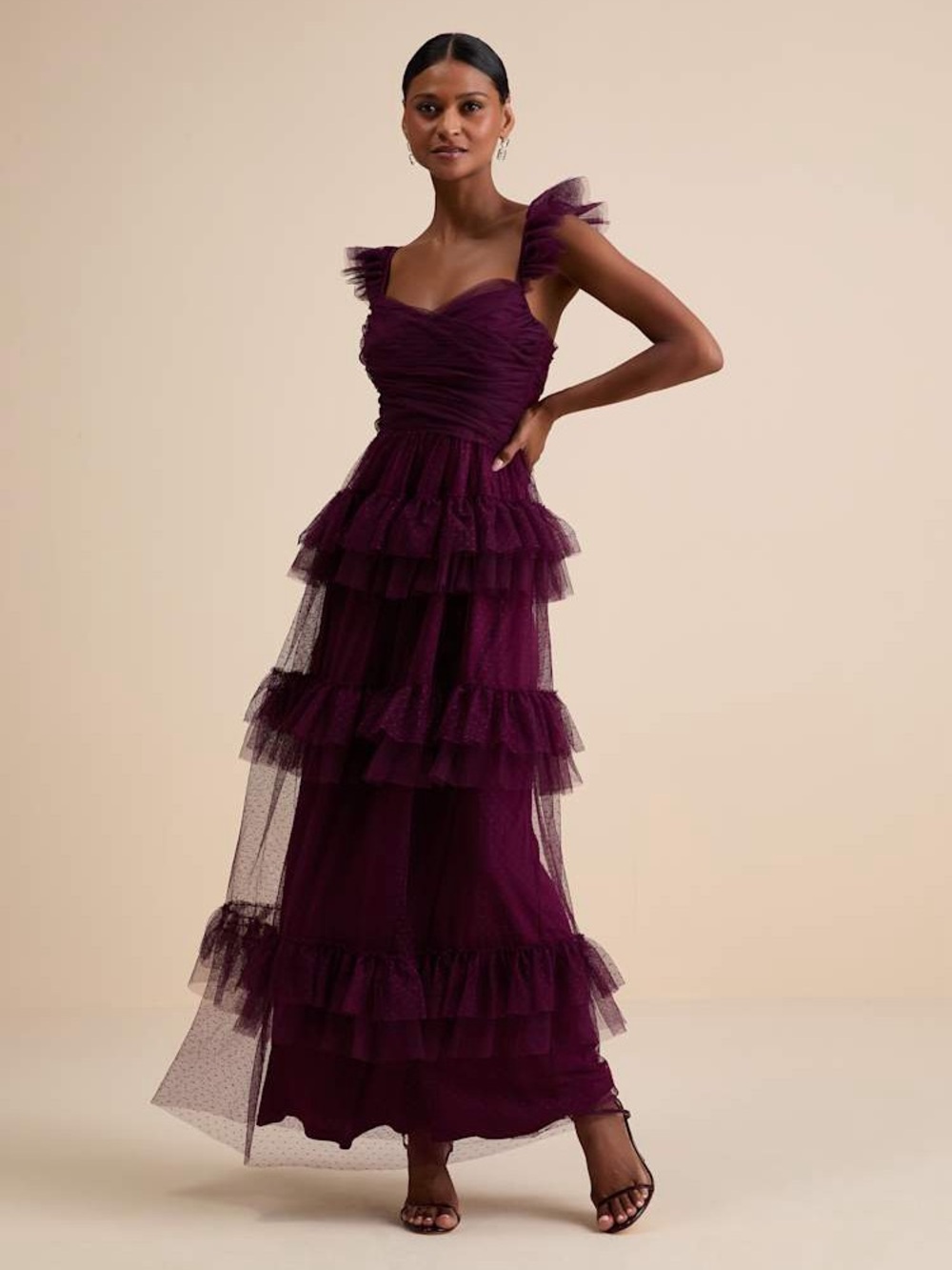 Lulu's Deep Plum Ruffled Tulle Maxi Dress
